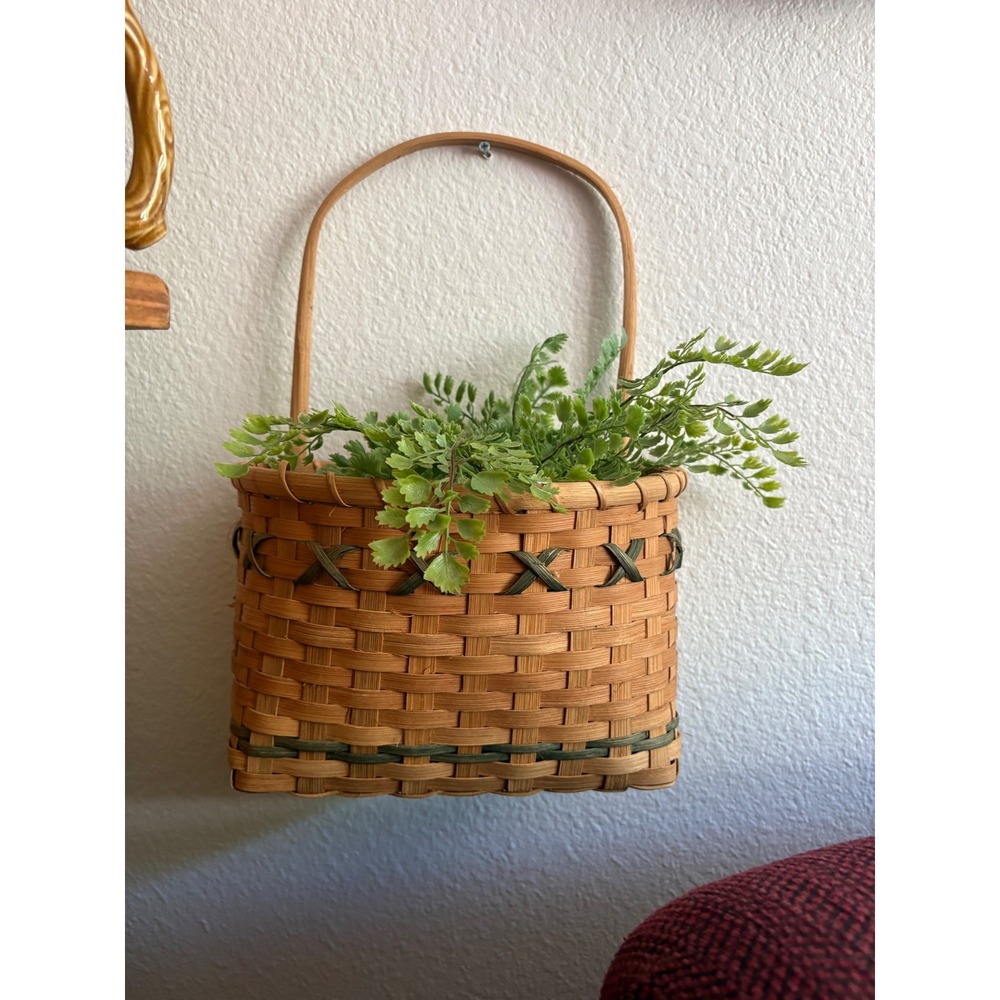 Vintage Woven Wall Pocket Basket Green Accent Farmhouse Hanging Decor